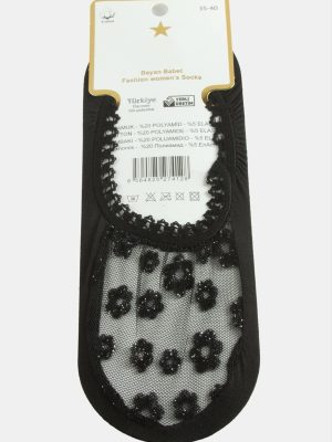 Çiçek Dantel Babet Çorap-Siyah