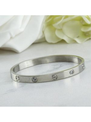 Orjinal Crt Taşlı Çelik Bileklik Kalın-Gümüş Rengi