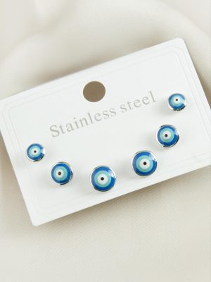 6 Adet Nazar Mineli Çelik Küpe-Gümüş Rengi