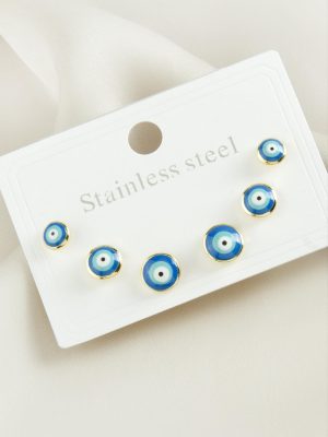 6 Adet Nazar Mineli Çelik Küpe-Sarı