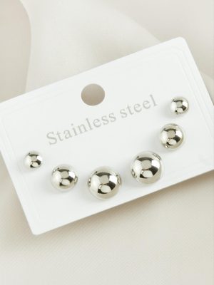 6 Adet Yuvarlak Çelik Küpe-Gümüş Rengi