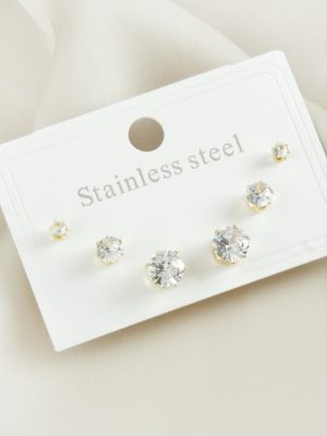 6 Adet Yuvarlak Zirkon Taşlı Çelik Küpe-Sarı