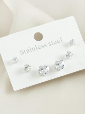 6 Adet Kalp Zirkon Taşlı Çelik Küpe-Gümüş Rengi