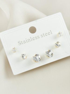 6 Adet Kalp Zirkon Taşlı Çelik Küpe-Sarı