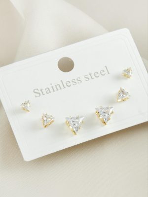 6 Adet Üçgen Zirkon Taşlı Çelik Küpe-Sarı