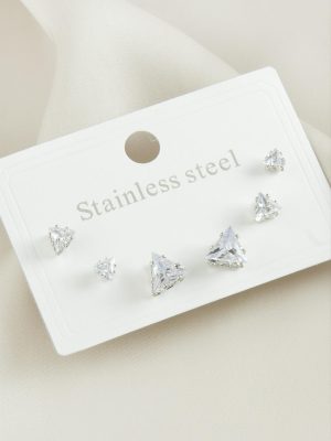 6 Adet Üçgen Zirkon Taşlı Çelik Küpe-Gümüş Rengi