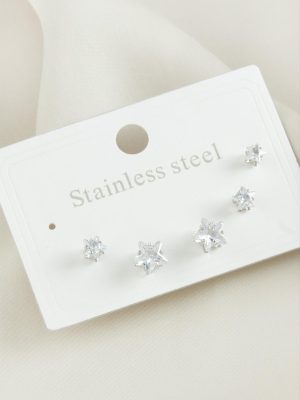 6 Adet Yıldız Zirkon Taşlı Çelik Küpe-Gümüş Rengi