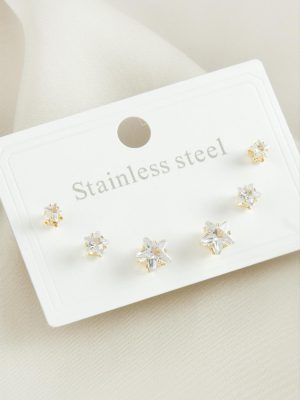 6 Adet Yıldız Zirkon Taşlı Çelik Küpe-Sarı