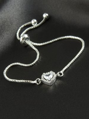 Kalp Zirkon Taşlı Asansörlü Bileklik  Ciddi İlişki Bilekliği-Gümüş Rengi