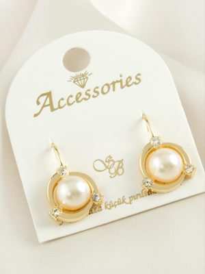 İnci Taşlı Klipsi Küpe-Sarı