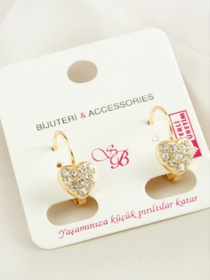 Kalp Taşlı Klipsi Küpe-Sarı
