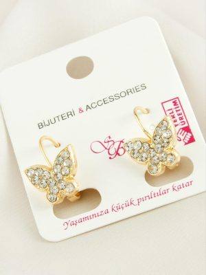 Kelebek Taşlı Klipsi Küpe-Gümüş Rengi