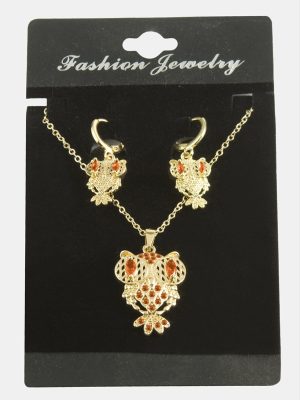 Baykuş Zirkon Taşlı Set Kolye-Gümüş Rengi