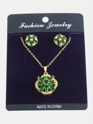 Çiçek Zirkon Taşlı Set Kolye-Renkli