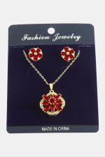 Çiçek Zirkon Taşlı Set Kolye-Kırmızı - Görsel 2