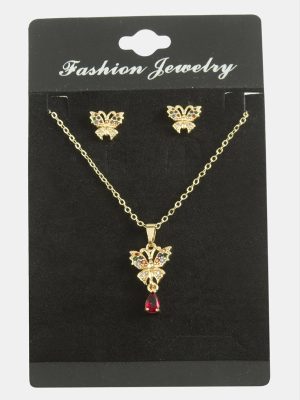 Kelebek Zirkon Taşlı Set Kolye-Yeşil