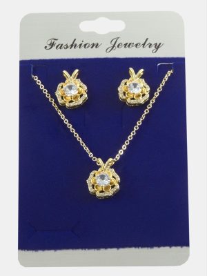 Gül Zirkon Taşlı Set Kolye-Siyah