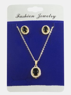 Oval Zirkon Taşlı Set Kolye-Yeşil