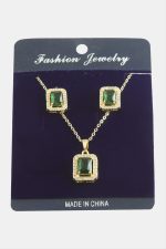 Dikdörtgen Zirkon Taşlı Set Kolye-Yeşil - Görsel 2