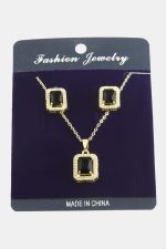 Dikdörtgen Zirkon Taşlı Set Kolye-Yeşil