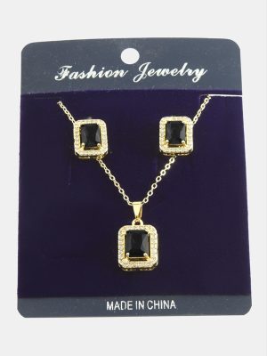 Dikdörtgen Zirkon Taşlı Set Kolye-Yeşil