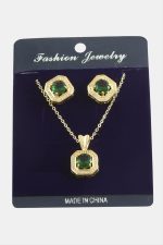 Kare Zirkon Taşlı Set Kolye-Gümüş Rengi