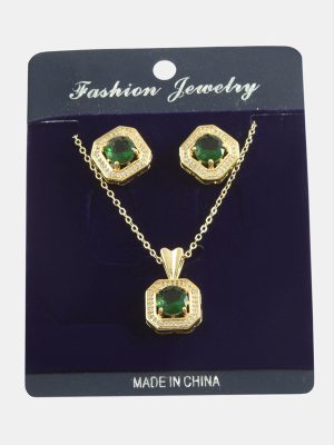 Kare Zirkon Taşlı Set Kolye-Gümüş Rengi