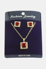 Kare Zirkon Taşlı Set Kolye-Kırmızı - Görsel 2