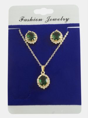 Oval Zirkon Taşlı Set Kolye-Siyah