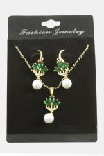 Çiçek İnci Zirkon Taşlı Set Kolye-Yeşil