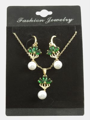 Çiçek İnci Zirkon Taşlı Set Kolye-Yeşil