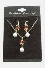 Çiçek İnci Zirkon Taşlı Set Kolye-Kırmızı - Görsel 2