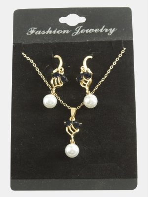 Çiçek İnci Zirkon Taşlı Set Kolye-Yeşil