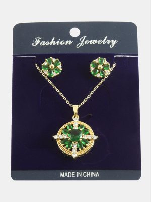 Çiçek Zirkon Taşlı Set Kolye-Kırmızı