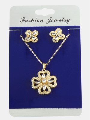 Çiçek Zirkon Taşlı Set Kolye-Yeşil