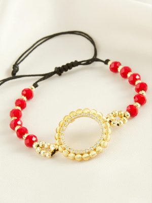 Çeyrek Altın Koyulabilir Kristal Taşlı Bileklik-Kırmızı