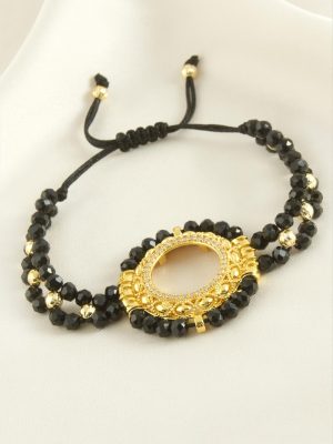 Çeyrek Altın Koyulabilir Kristal Taşlı Bileklik-Siyah