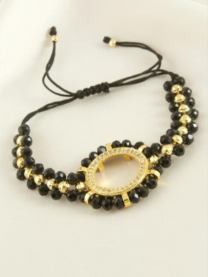 Çeyrek Altın Koyulabilir Kristal Taşlı Bileklik-Siyah