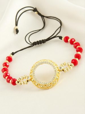 Çeyrek Altın Koyulabilir Kristal Taşlı Bileklik-Kırmızı