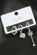 3 Adet Kalp Zirkon Taşlı Küpe-Gümüş Rengi - Görsel 2