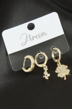 3 Adet Yonca Zirkon Taşlı Küpe-Sarı - Görsel 2