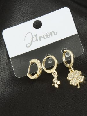 3 Adet Yonca Zirkon Taşlı Küpe-Sarı