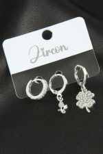 3 Adet Yonca Zirkon Taşlı Küpe-Gümüş Rengi - Görsel 2