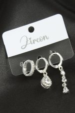 3 Adet Damla Zirkon Taşlı Küpe-Gümüş Rengi - Görsel 2