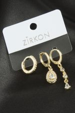 3 Adet Damla Zirkon Taşlı Küpe-Sarı - Görsel 2