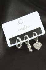 3 Adet Kalp Zirkon Taşlı Küpe-Gümüş Rengi - Görsel 2