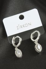 Oval Zirkon Taşlı Küpe-Gümüş Rengi - Görsel 2