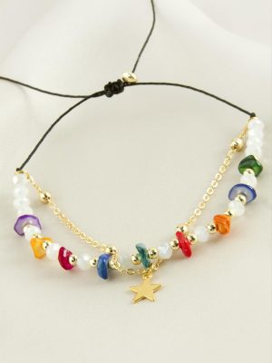 Yıldızı Kırık Doğaltaş Kristal Zincirli Bileklik-Sarı