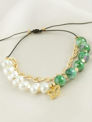 Kelebek İnci Boncuk Zincirli Bileklik-Sarı