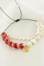 Kelebek İnci Boncuk Zincirli Bileklik-Kırmızı - Görsel 2